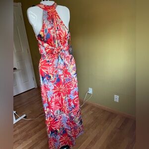 Vince Camuto Red Floral Halter Jumpsuit with Blue and Yellow Accents